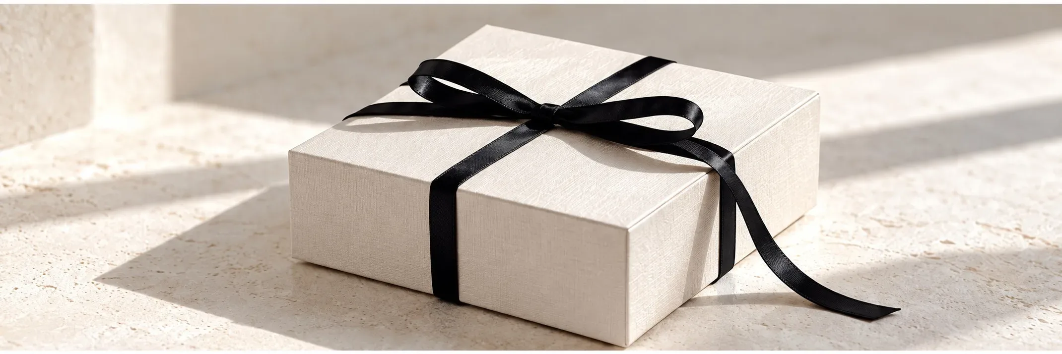 A gift box tied with black ribbon on pale stone in soft sunlight